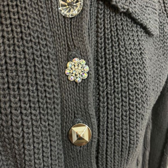 Pure Handknit Cotton Long Cardigan 5 Jewel Button Closure w/slits  Gray S/M‎ - Picture 2 of 3